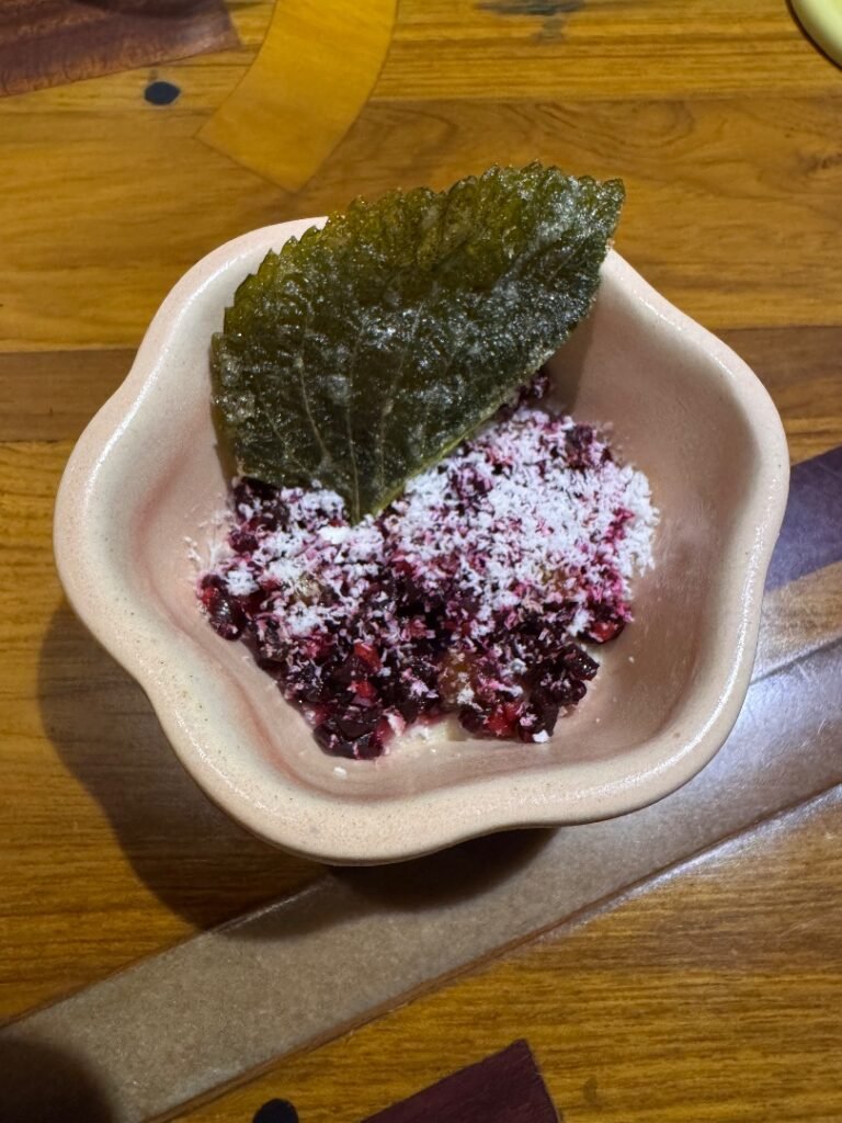 Thayir Sadam. It featured beetroot, curd rice, and chèvre (goat cheese), served with shiso.