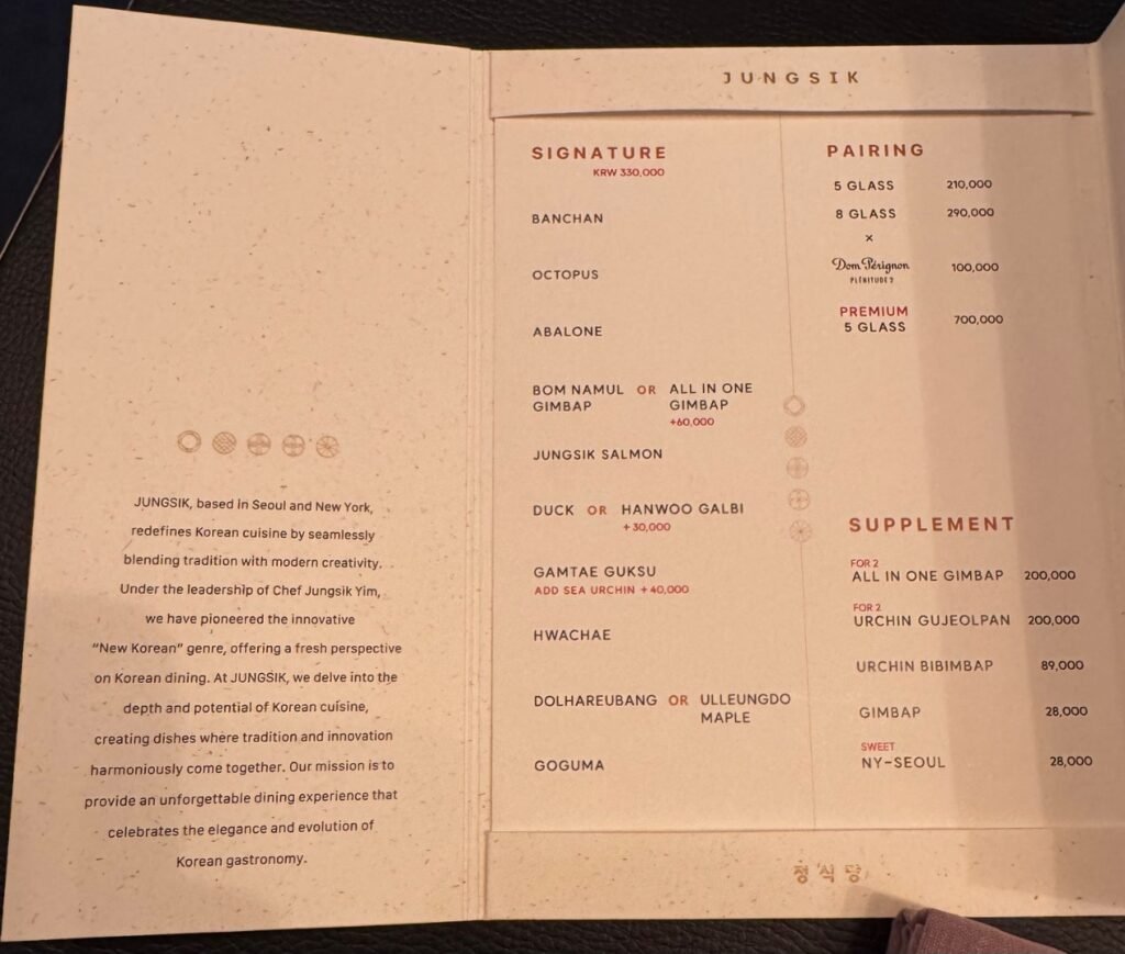 Jungsik Seoul menu