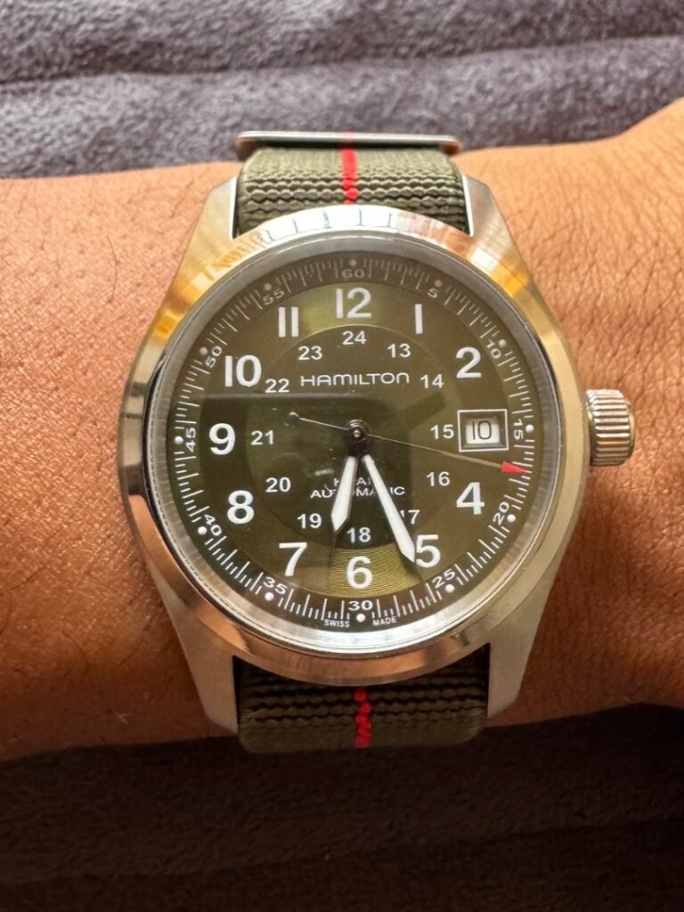 Hamilton khaki field automatic on olive green parachute strap 