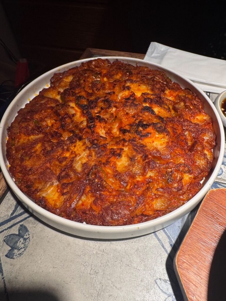 skin on pork belly with kimchi pancake